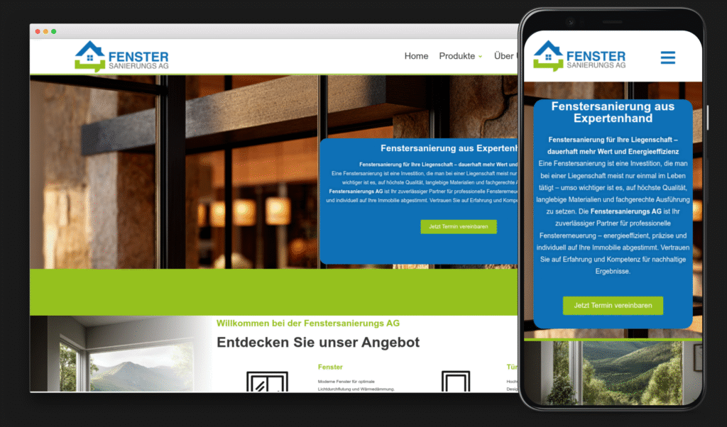 Startseite der Website Fenstersanierungs AG auf Desktop und Mobilgerät.